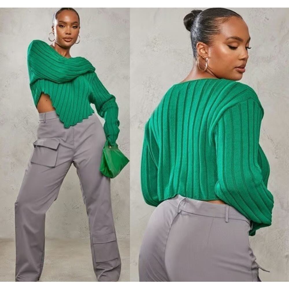 NWOT Pretty Little Thing Chunky Knit Long Sleeve Dip Hem Crop Sweater Green 3XL